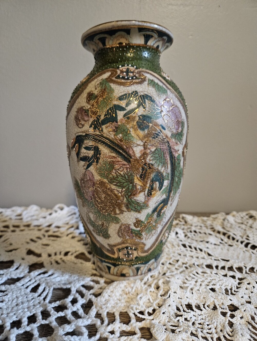 Vintage Hand Painted Asian Floral and Bird Boho Eclectic Vase